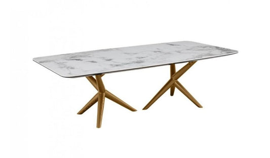 51" White and Brown Faux Marble And Wood Abstract Coffee Table