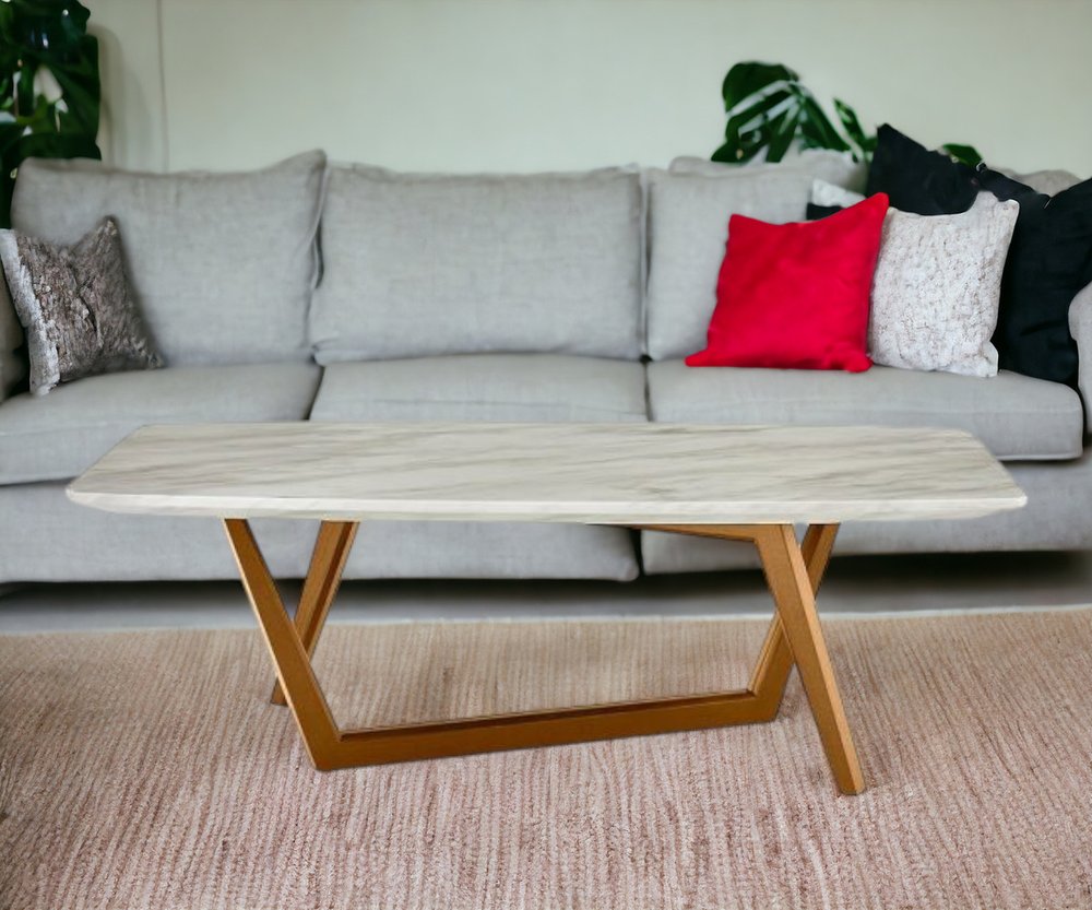 51" White and Brown Faux Marble And Wood Abstract Coffee Table