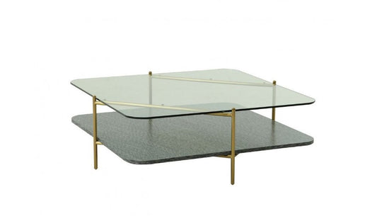 43" Clear and Gold Glass And Steel Square Coffee Table With Shelf
