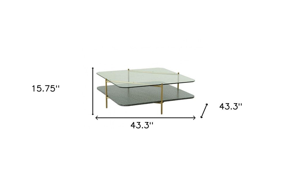 43" Clear and Gold Glass And Steel Square Coffee Table With Shelf