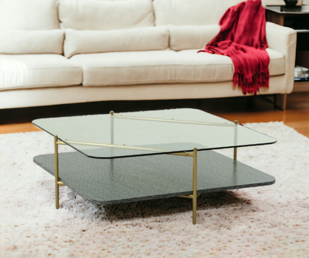 43" Clear and Gold Glass And Steel Square Coffee Table With Shelf