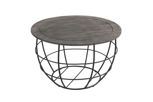 32" Gray Solid Wood Round Distressed Drum Drum Coffee Table