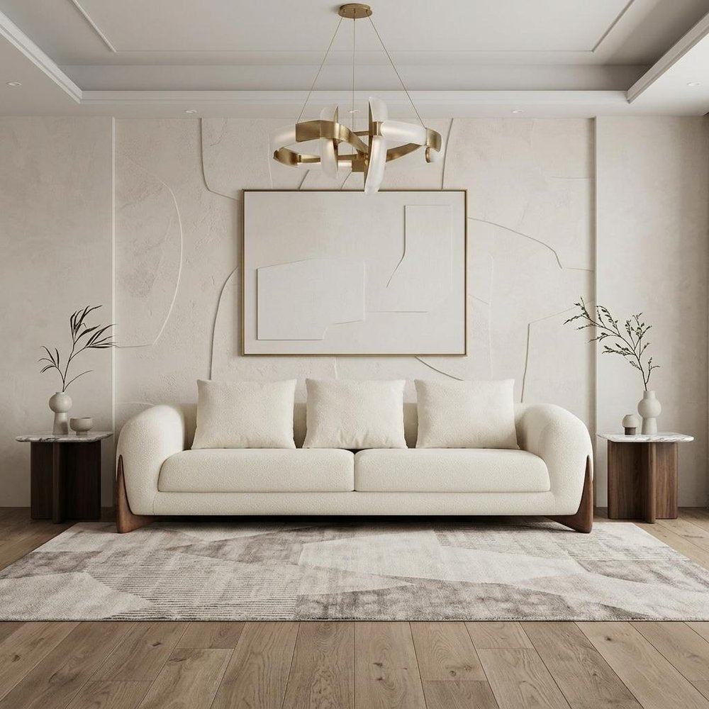 100" Cream Fabric Sofa With Wood Brown Legs