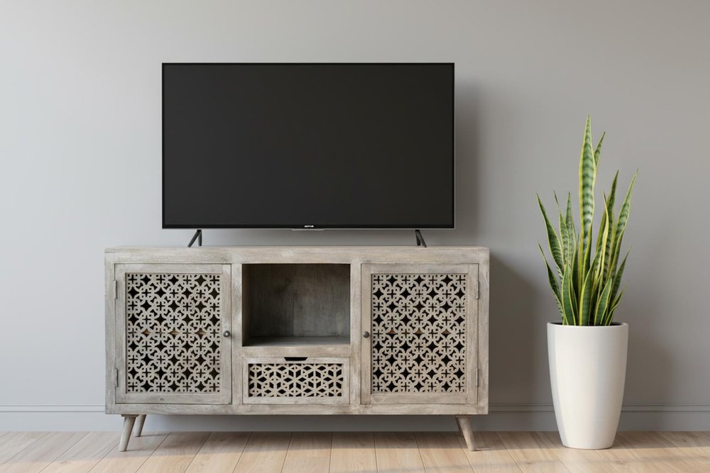 55" Gray Solid Wood Cabinet Enclosed Storage Worn TV Stand