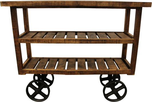 48" Brown and Black Solid Wood Distressed Wheel Console Table With Storage