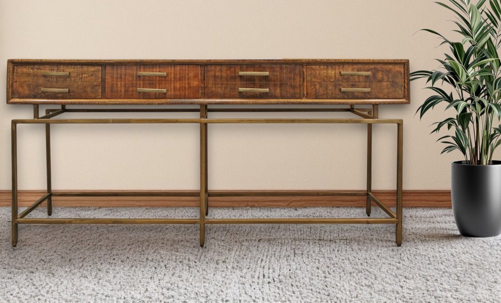 72" Brown and Brass Solid Wood Distressed Six Leg Console Table With Four Drawers