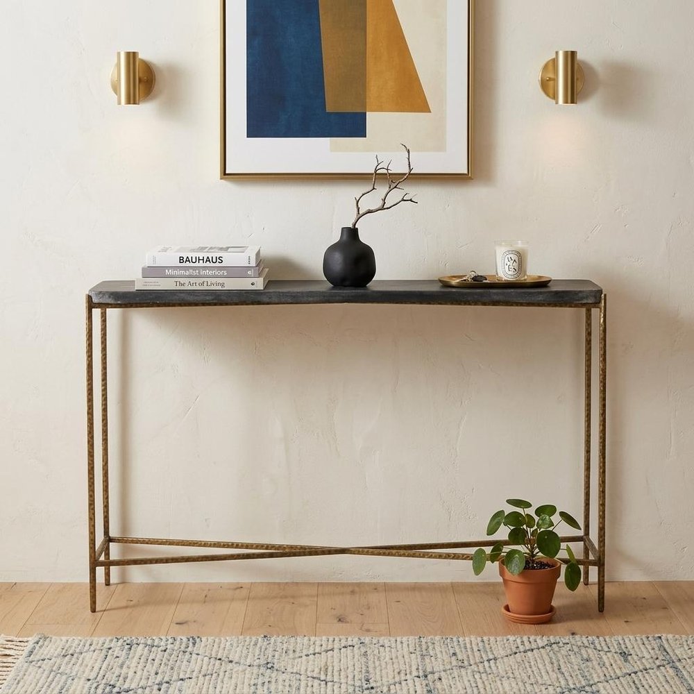 48" Black and Gold Stone and Iron Frame Console Table