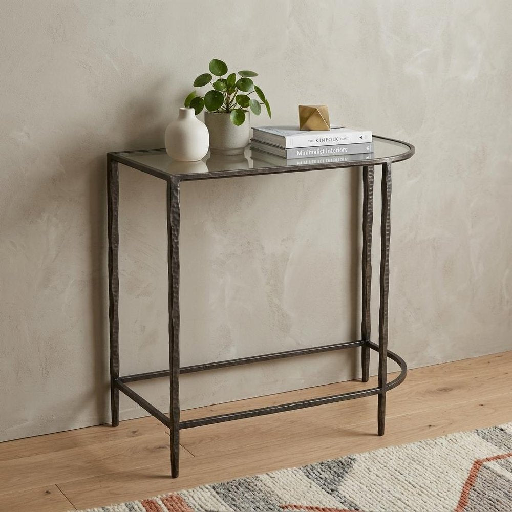 Set of Two 25" Black And Clear Glass And Genuine Marble Half Circle Three Leg Console Table