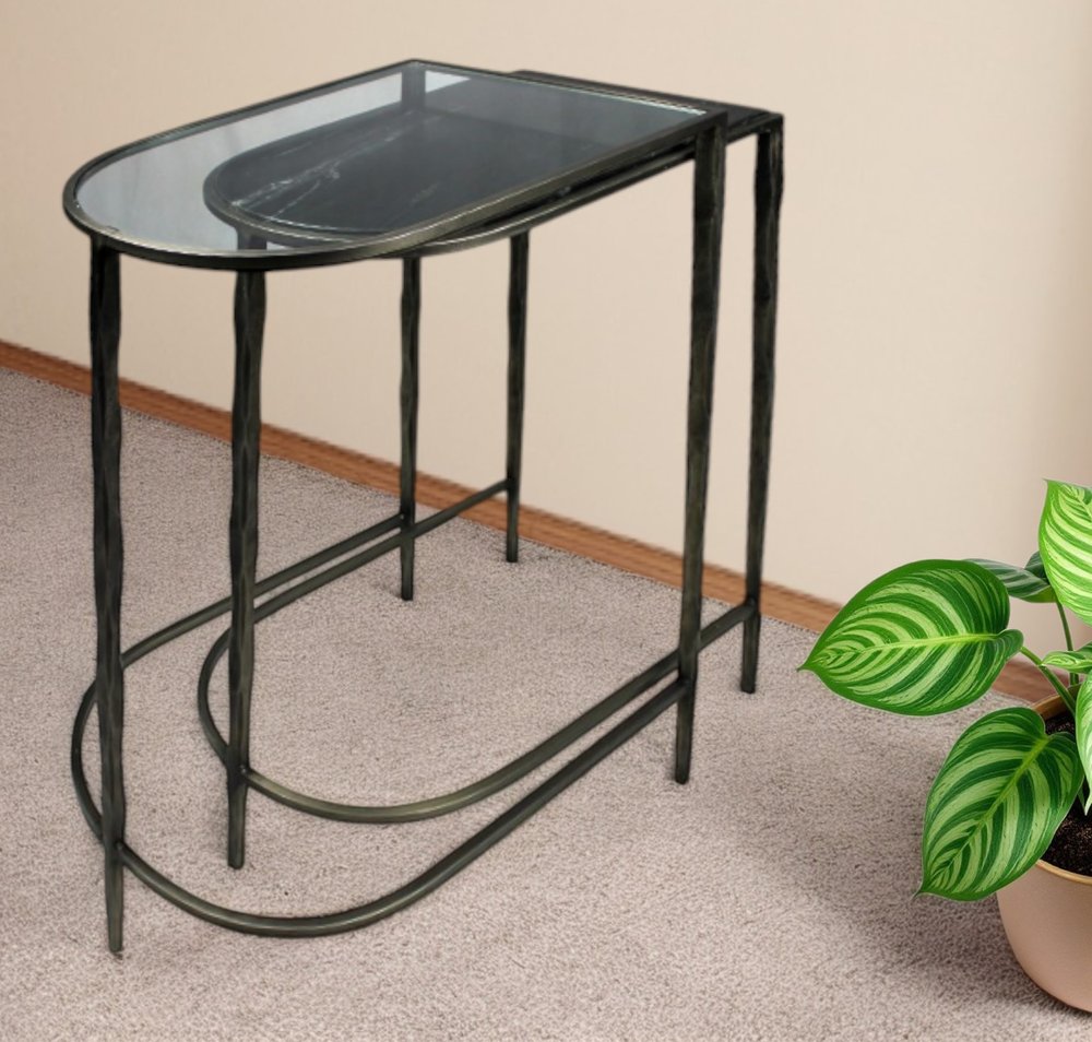 Set of Two 25" Black And Clear Glass And Genuine Marble Half Circle Three Leg Console Table