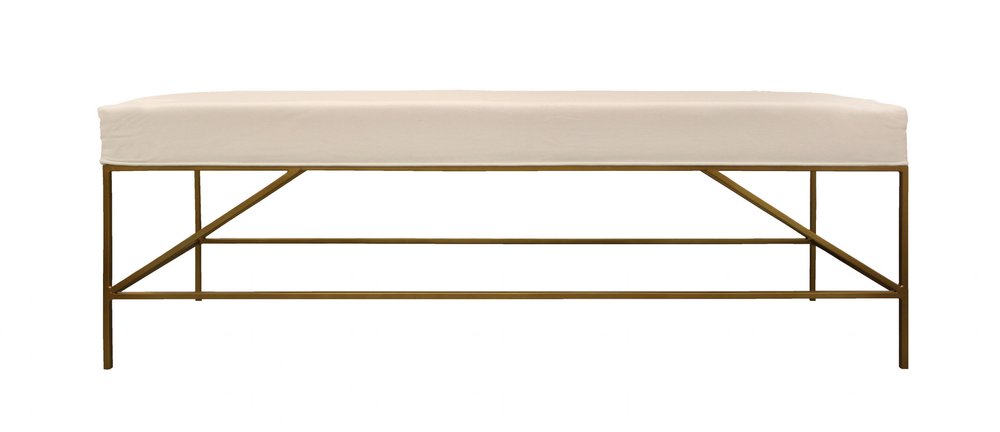 58" Ivory and Gold Upholstered Linen Bench