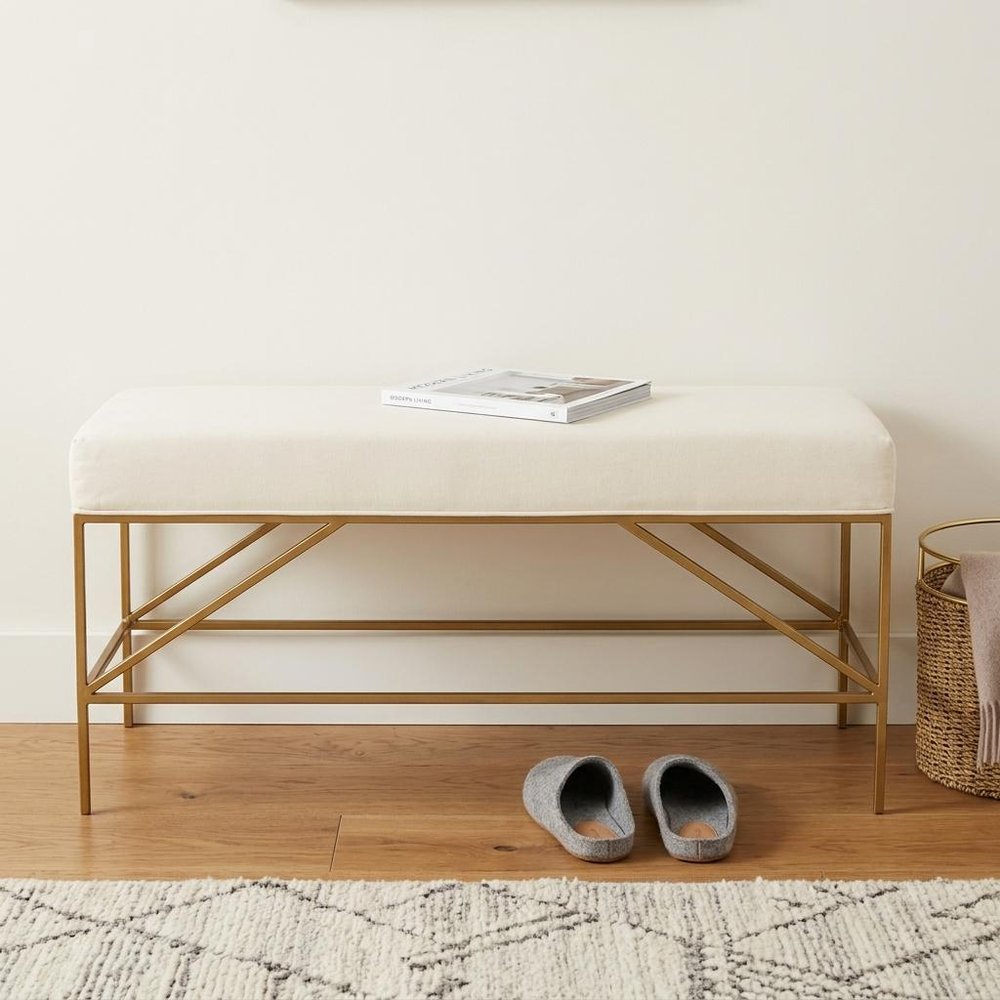 58" Ivory and Gold Upholstered Linen Bench