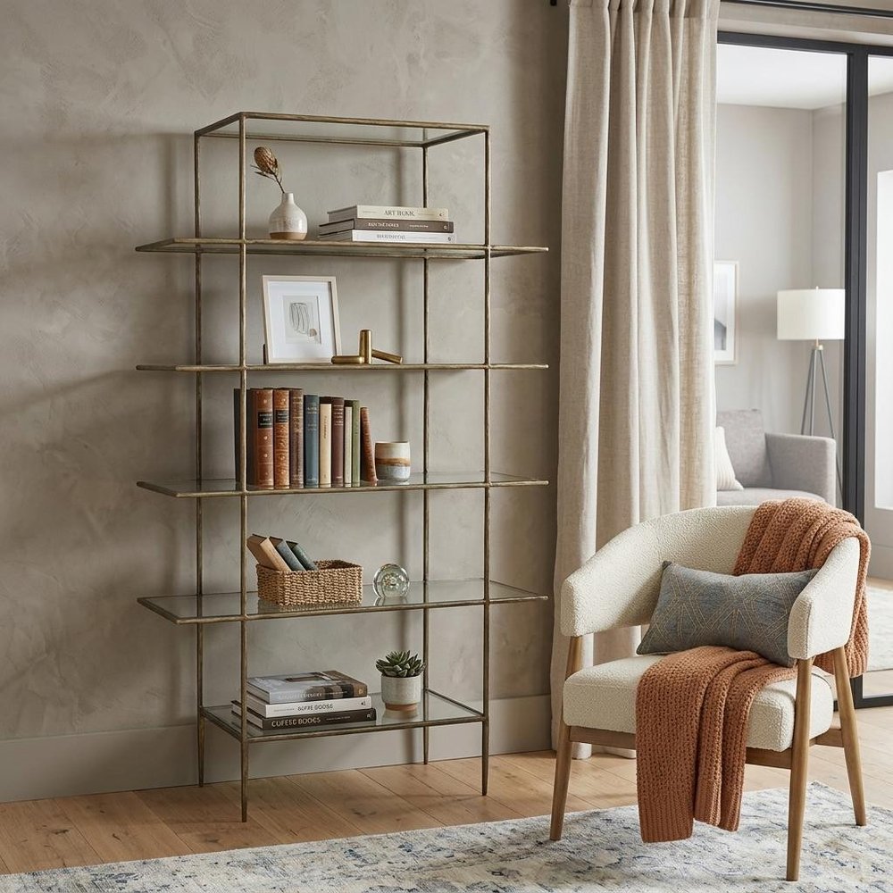 59" Antiqued Gold And Clear Iron and Glass Five Tier Etagere Bookcase