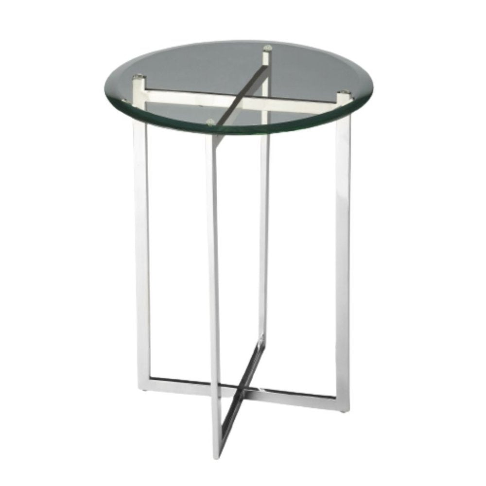 21" Clear And Silver Glass and Stainless Steel Round End Table