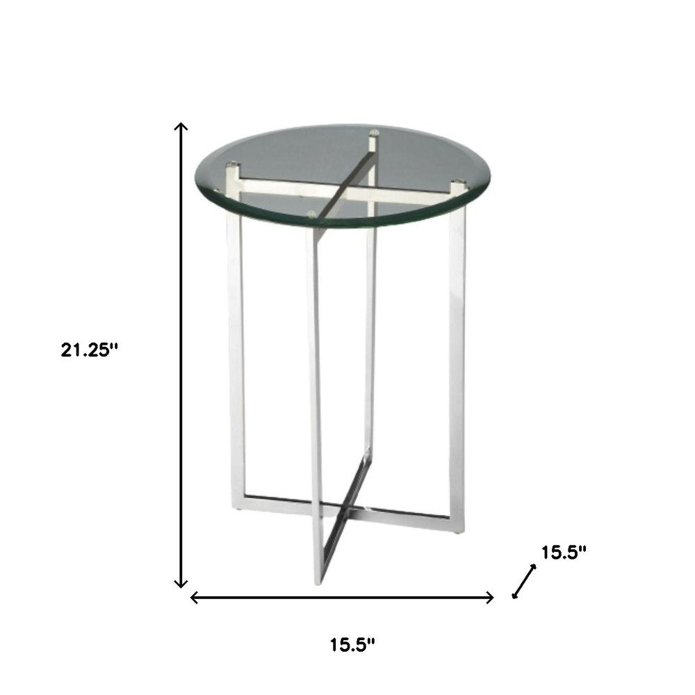 21" Clear And Silver Glass and Stainless Steel Round End Table