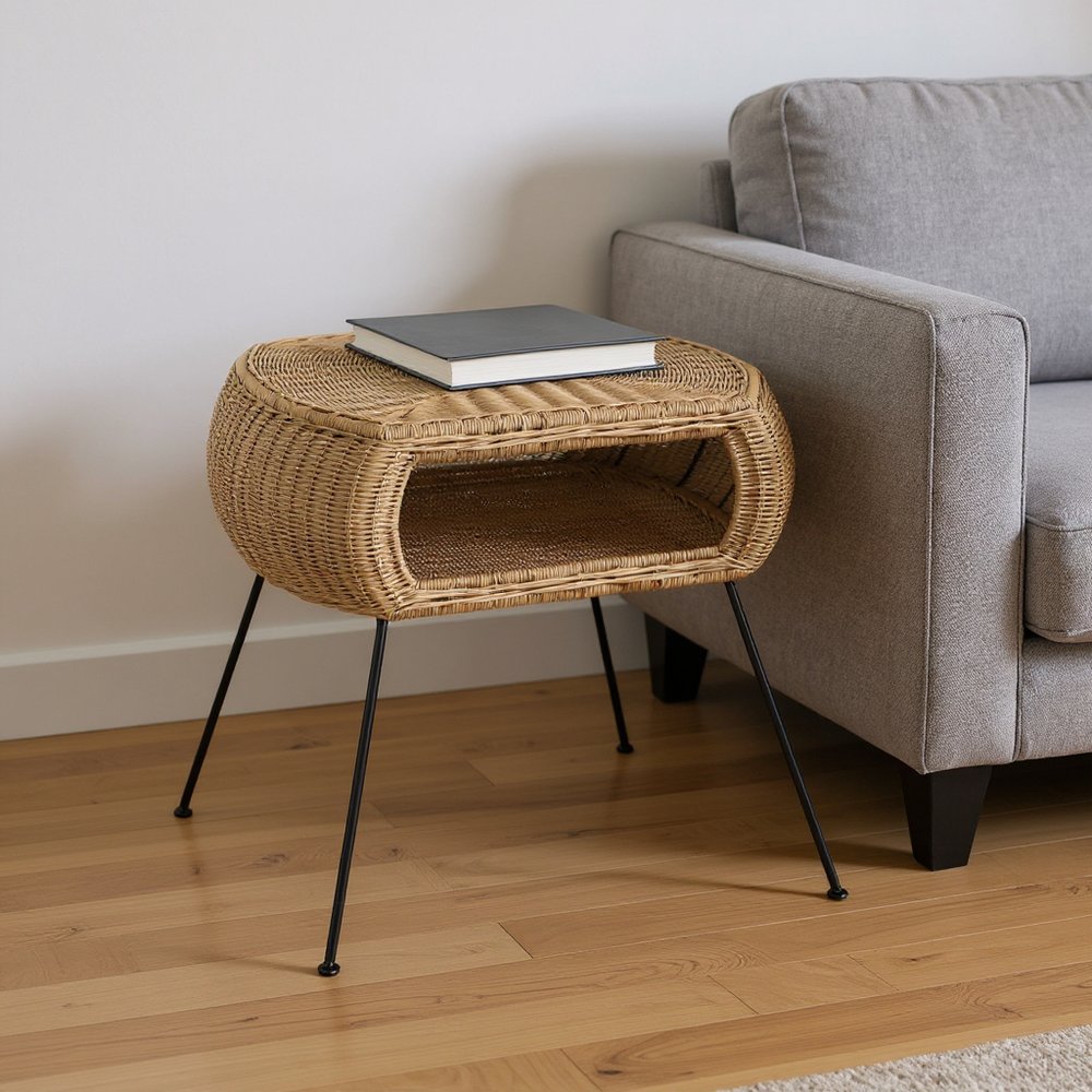 24" Black And Brown Distressed Rattan And Iron Round End Table With Shelf