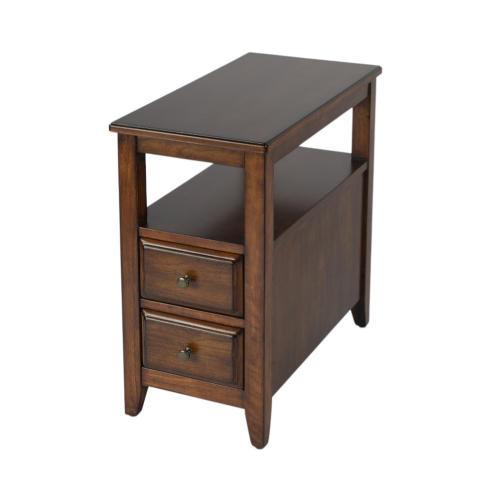 24" Brown Distressed End Table With Two Drawers And Shelf