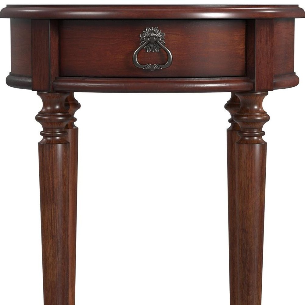 26" Brown Distressed Wood Round End Table With Drawer And Shelf
