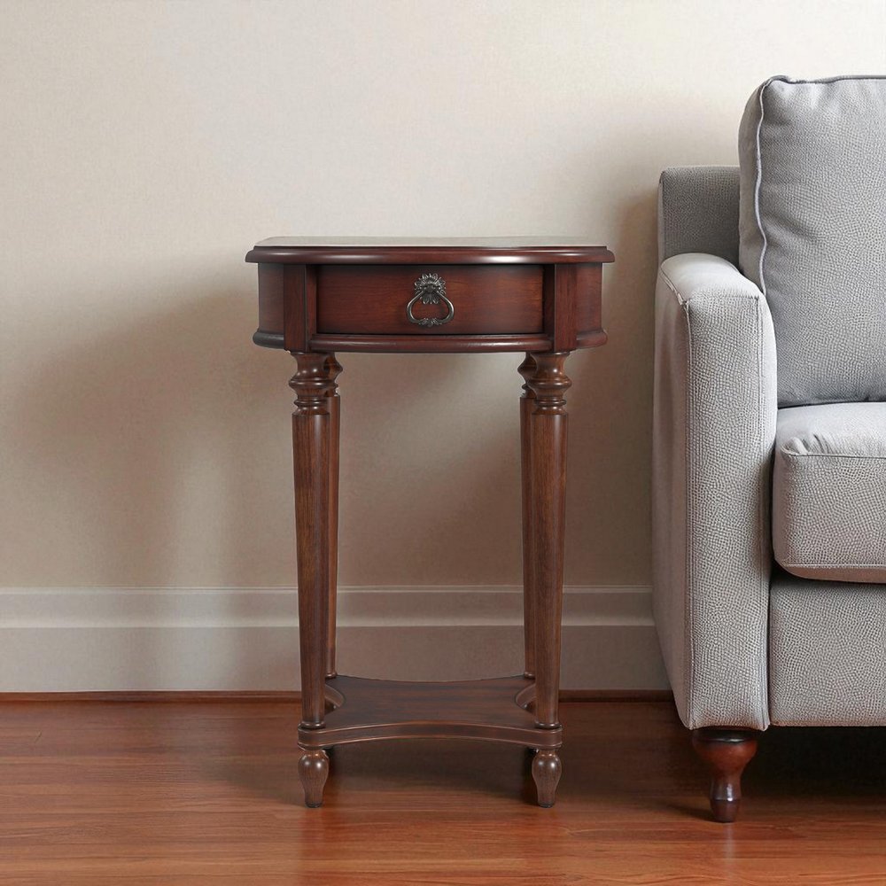 26" Brown Distressed Wood Round End Table With Drawer And Shelf
