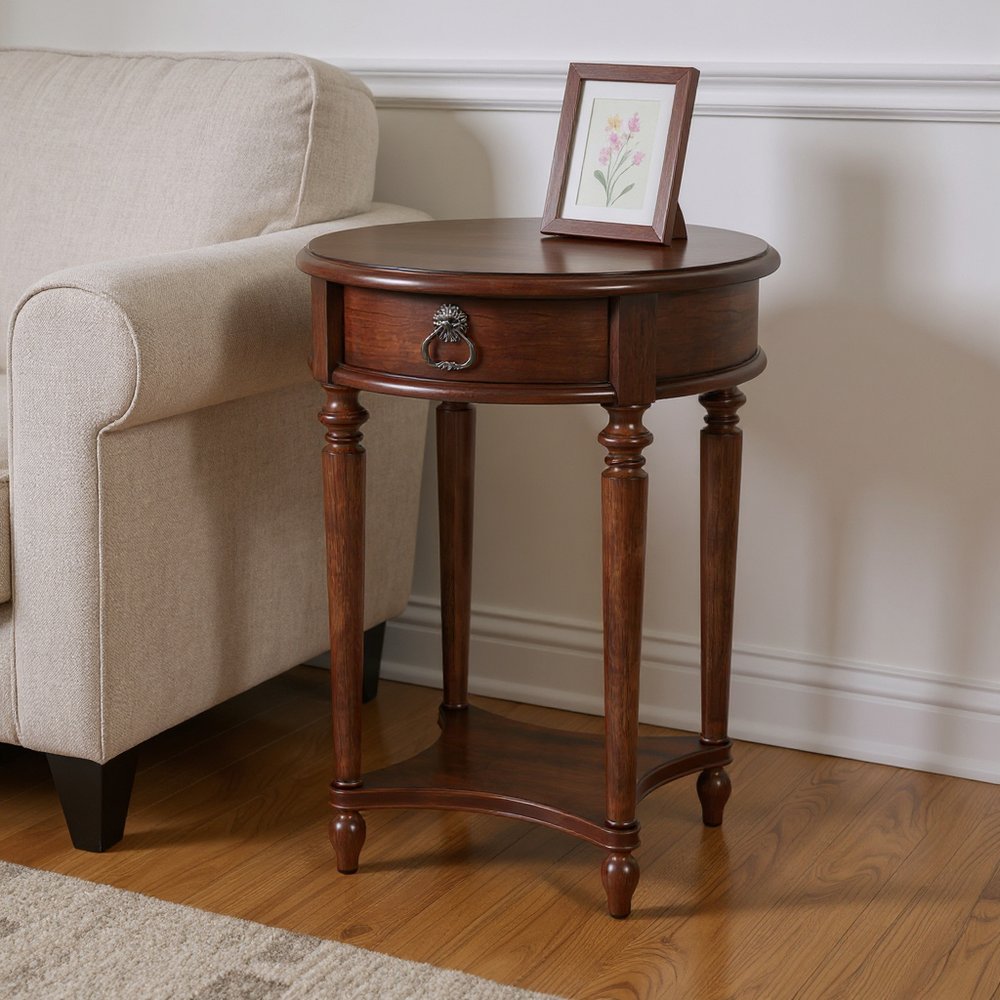 26" Brown Distressed Wood Round End Table With Drawer And Shelf