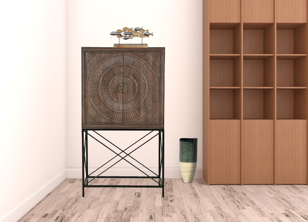 33" Brown Solid Wood Two Door Carved Wine Cabinet