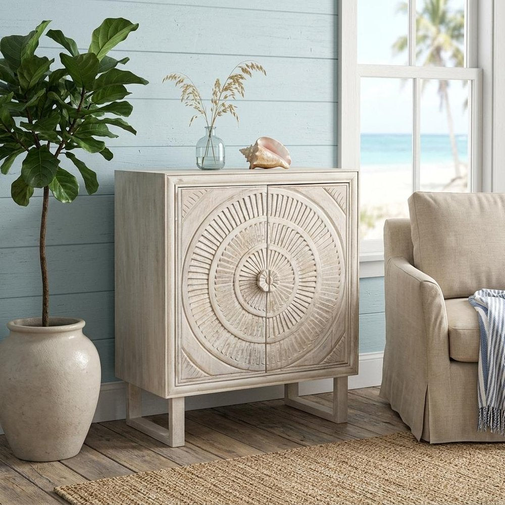 33" Distressed White Solid Wood Two Door Floral Carved Accent Cabinet