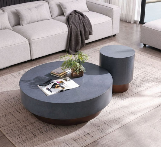 48" Gray and Brown Steel And Copper Round Drum Coffee Table