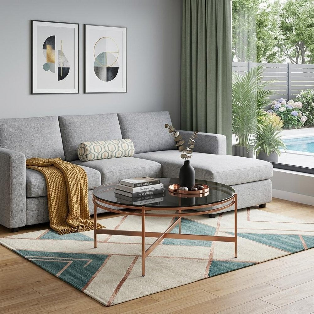 35" Gray and Gold Glass And Stainless Steel Round Coffee Table