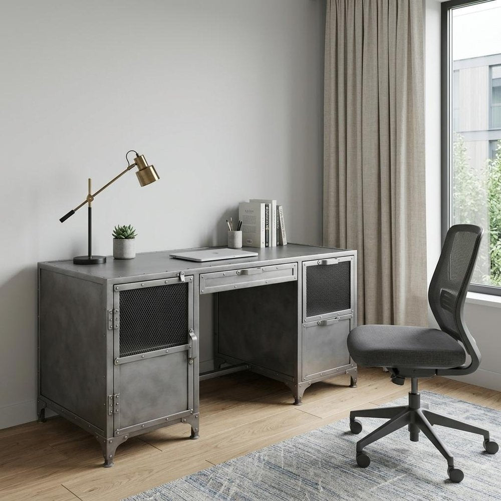 56" Gray Metal Computer Desk With Three Drawers