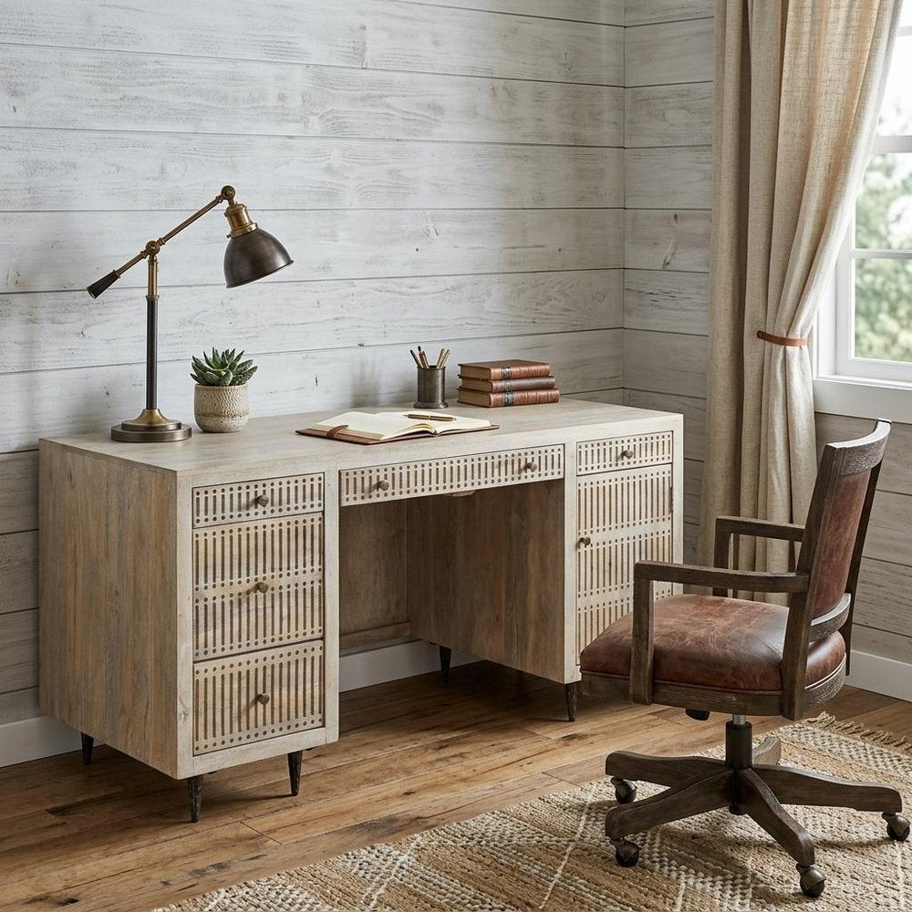 64" Ivory and Silver Solid Wood Executive Desk With Five Drawers