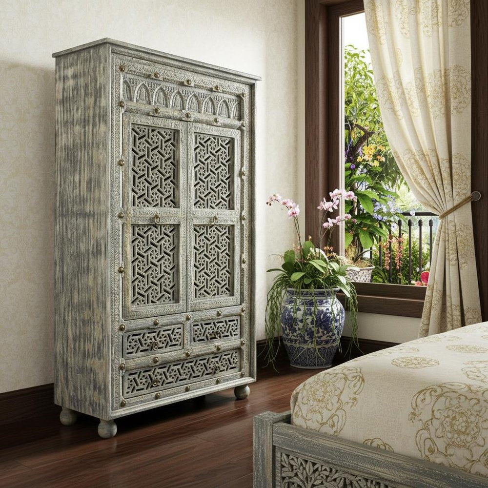 72" Gray Carved Geometric Solid Wood Two Door Three Drawer Combo Dresser