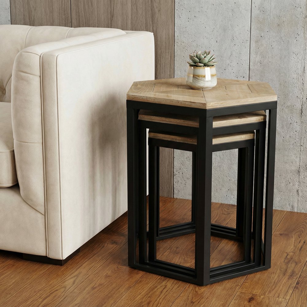 Set Of Three 25" Black And Brown Solid Wood And Steel Hexagon Nested Tables