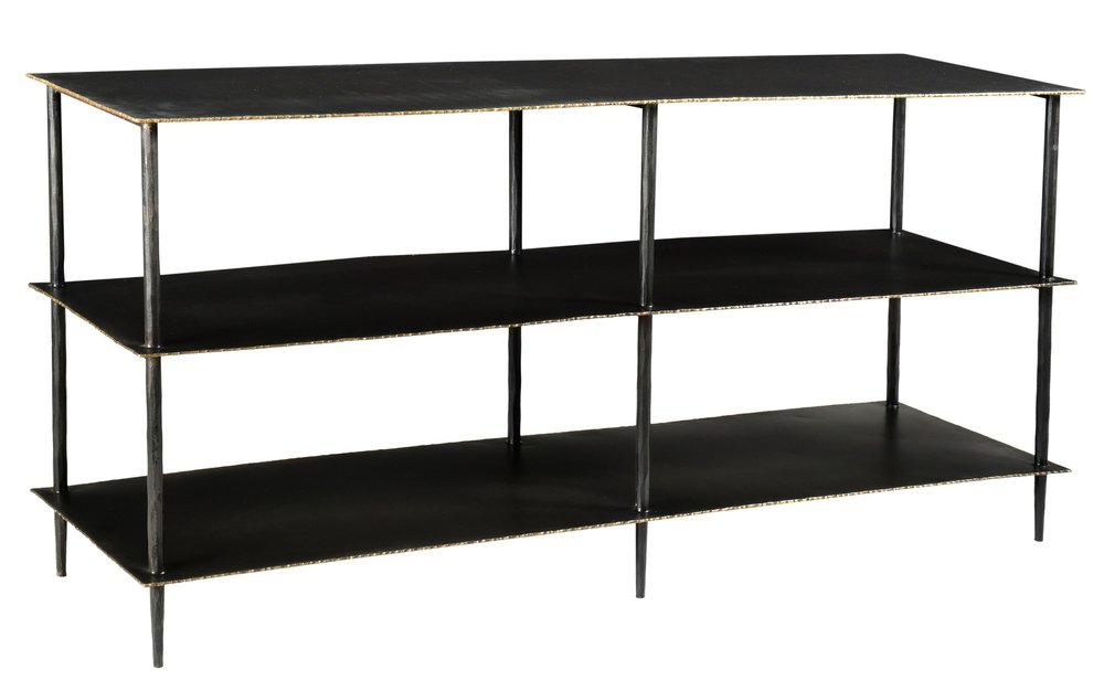 48" Black Iron Six Leg Console Table Two Shelves