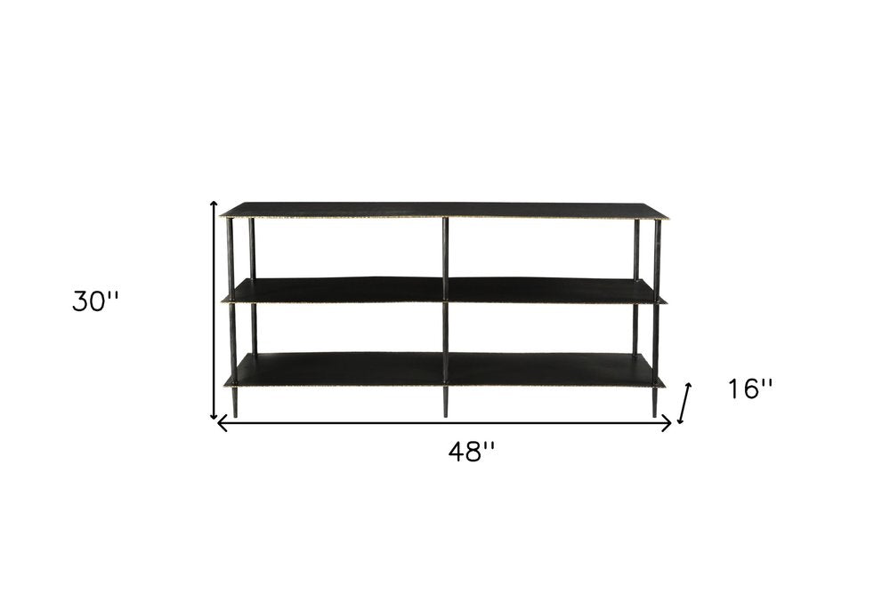 48" Black Iron Six Leg Console Table Two Shelves