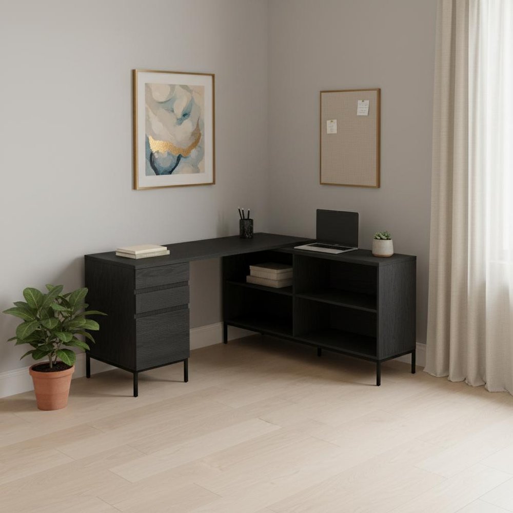60" Black L Shape Computer Desk With Three Drawers