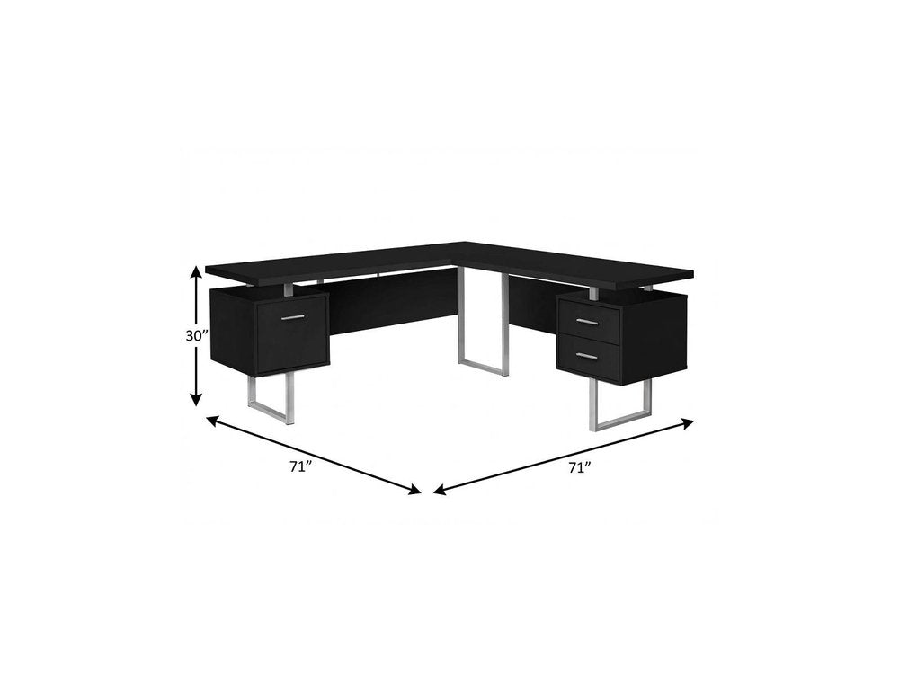 71" Black and Gray L Shape Computer Desk With Three Drawers