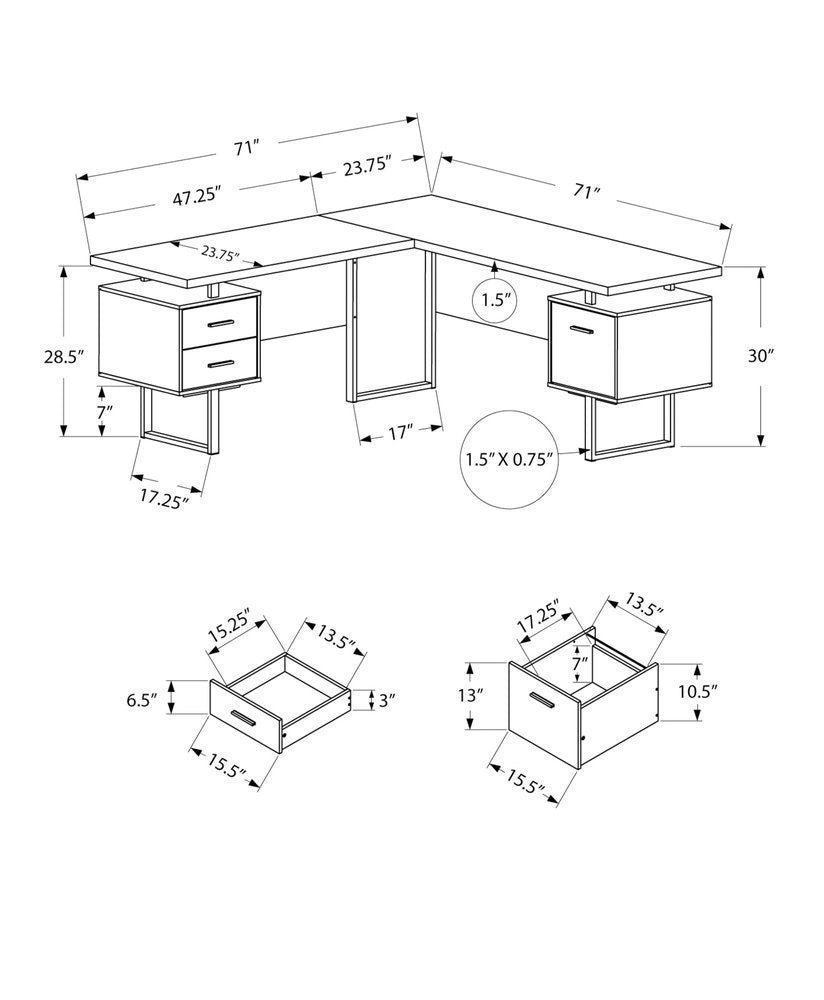 71" White and Black L Shape Computer Desk With Three Drawers