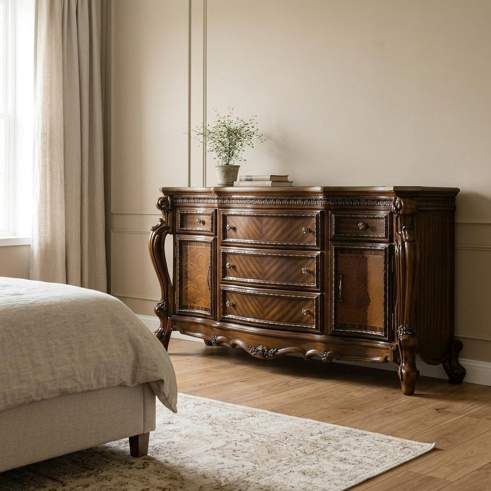 37" Brown Carved Geometric Wood Two Door Five Drawer Combo Dresser