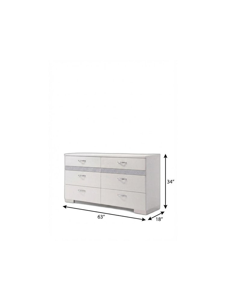 63" White And Silver Faux Crystal Bling Wood Eight Drawer Double Dresser