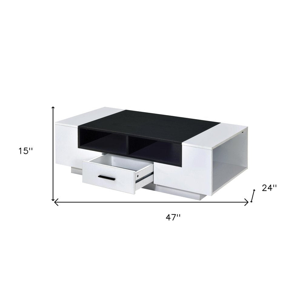 47" Black and White Wood Floor Shelf Coffee Table With Drawer And Three Shelves