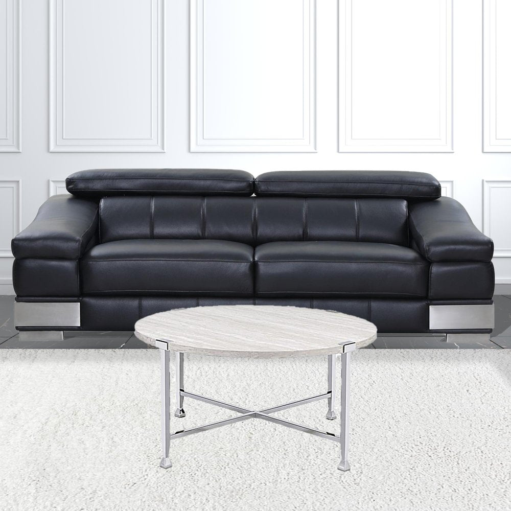 36" White and Silver Metal Round Cross Legs Coffee Table