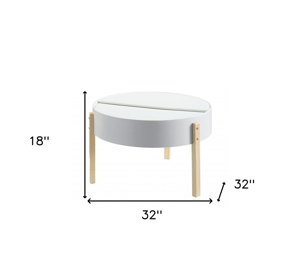 32" White and Natural Wood And Solid Wood Round Coffee Table