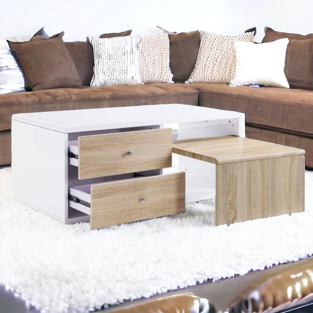 47" White and Natural Wood Frame Coffee Table With Two Drawers