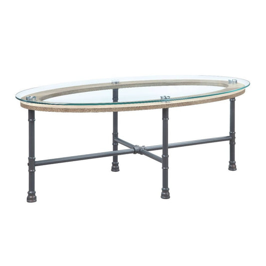 47" Clear and Gray Glass And Metal Oval Sled Coffee Table