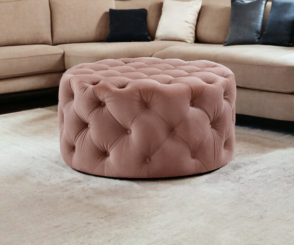 33" Blush Velvet Rolling Tufted Round Cocktail Ottoman