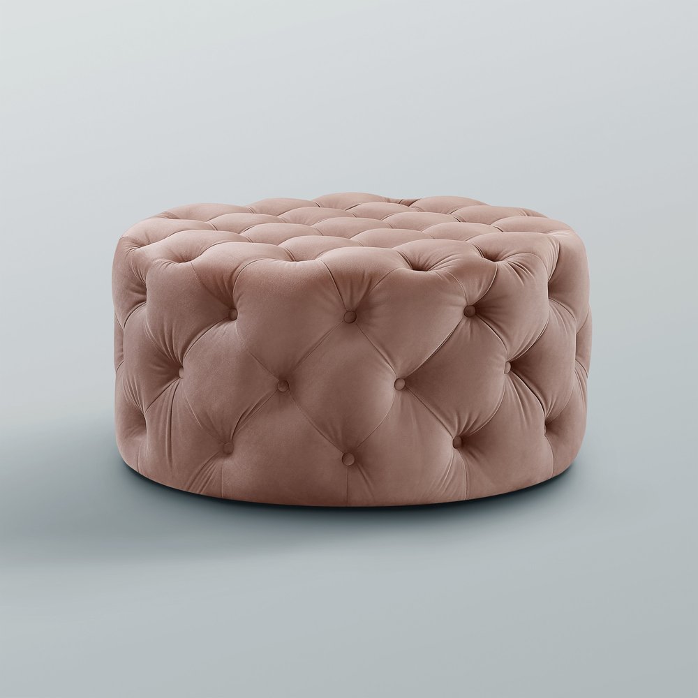 33" Blush Velvet Rolling Tufted Round Cocktail Ottoman