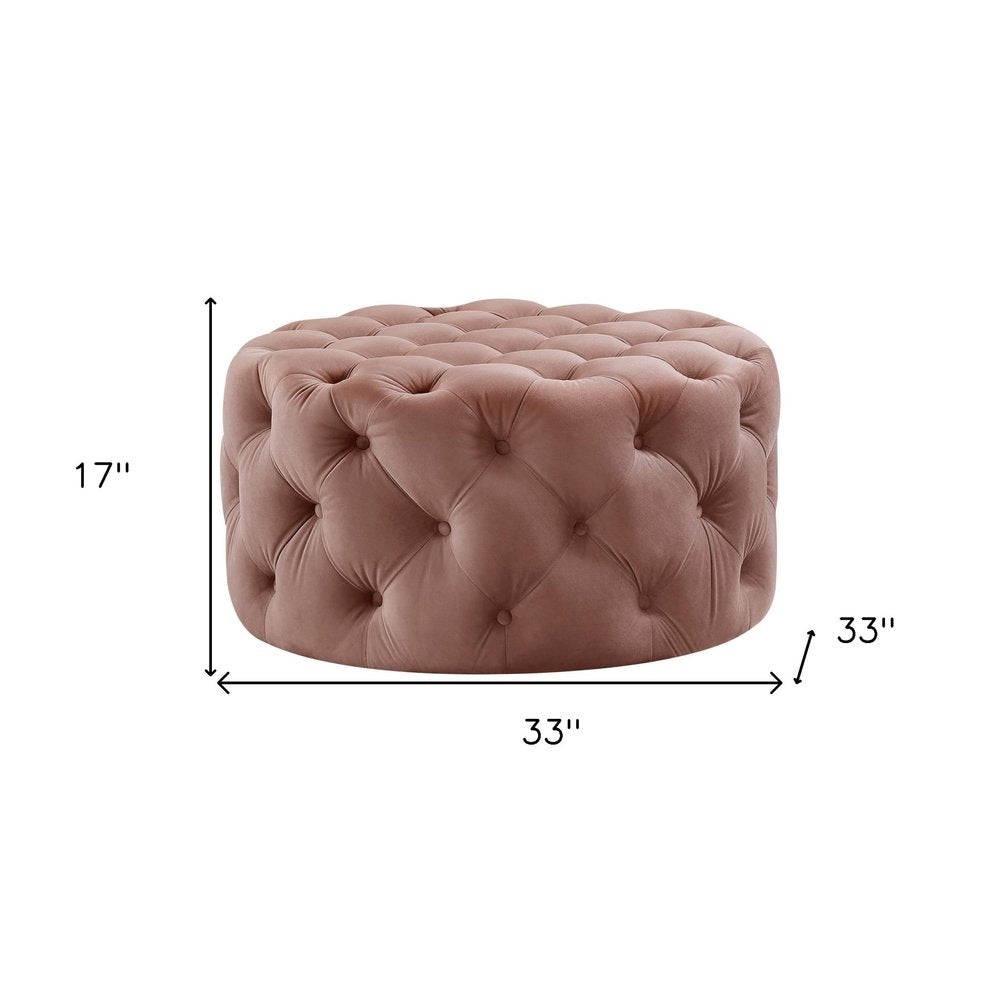33" Blush Velvet Rolling Tufted Round Cocktail Ottoman