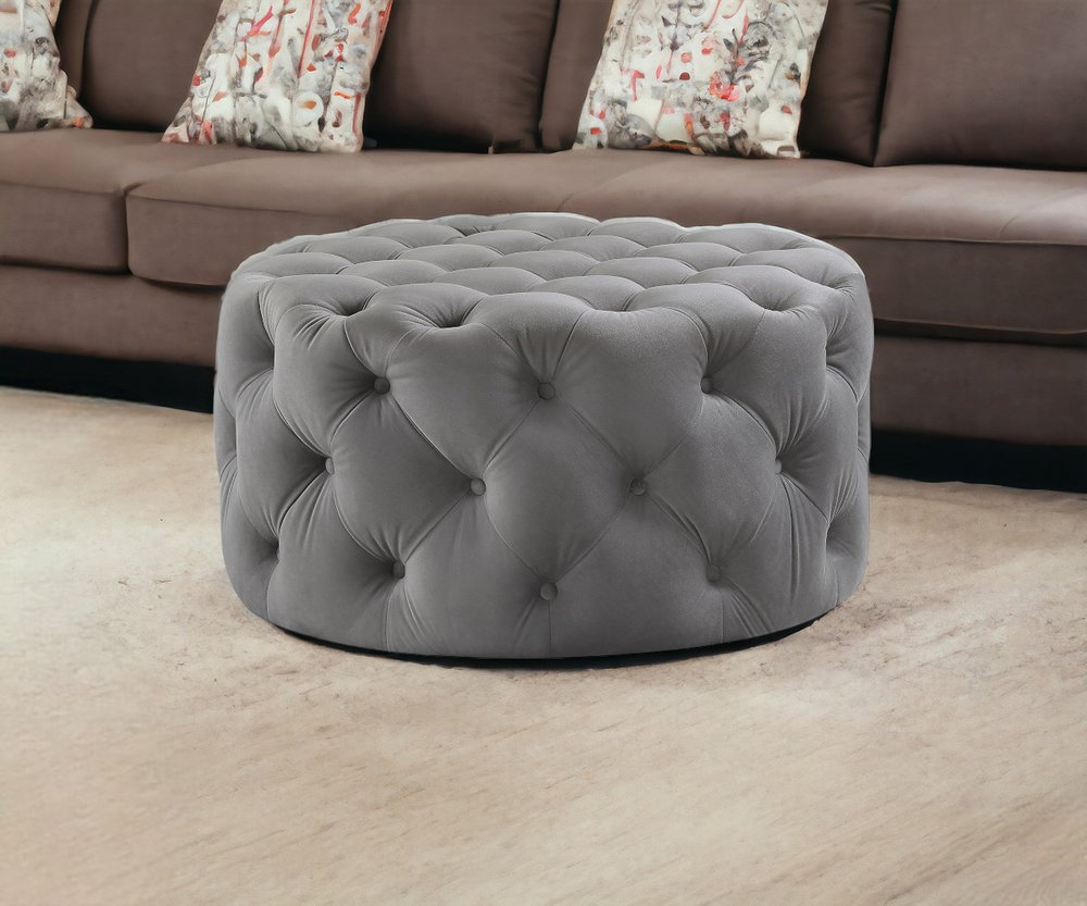 33" Blush Velvet Rolling Tufted Round Cocktail Ottoman