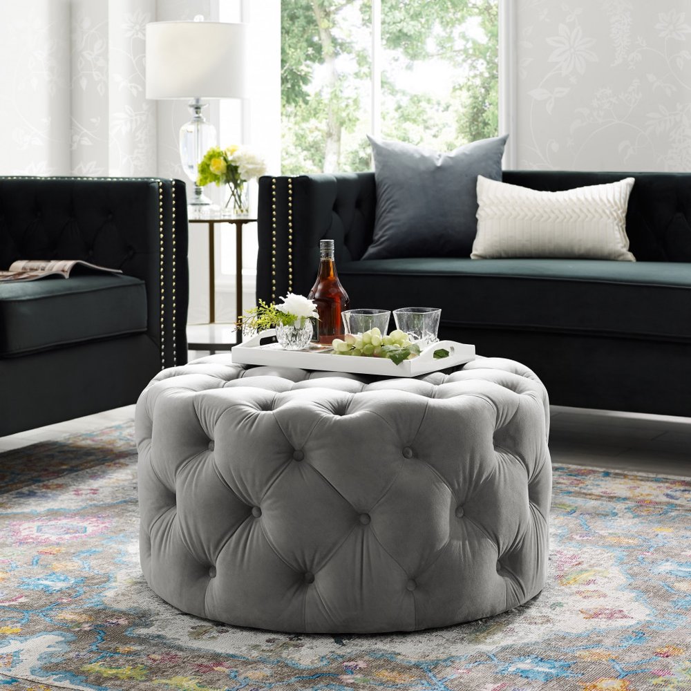 33" Blush Velvet Rolling Tufted Round Cocktail Ottoman