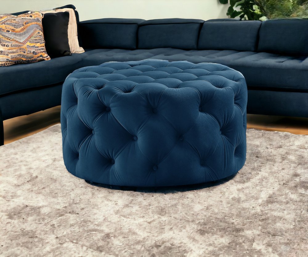 33" Blush Velvet Rolling Tufted Round Cocktail Ottoman