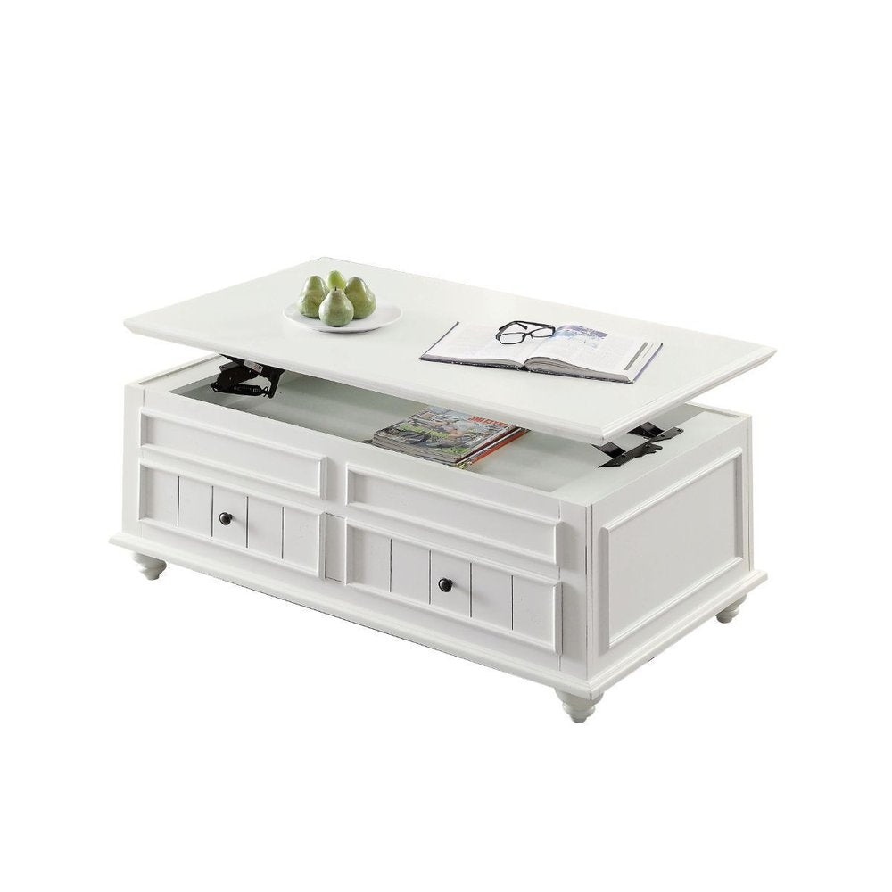 48" White Wood Lift Top Solid Coffee Table With Two Drawers